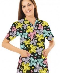 Multicolor Butterflies Printed Top V Neck 2 Pocket Half Sleeve