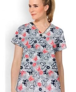 Butterfly Print Top V Neck 2 Pocket Half Sleeve