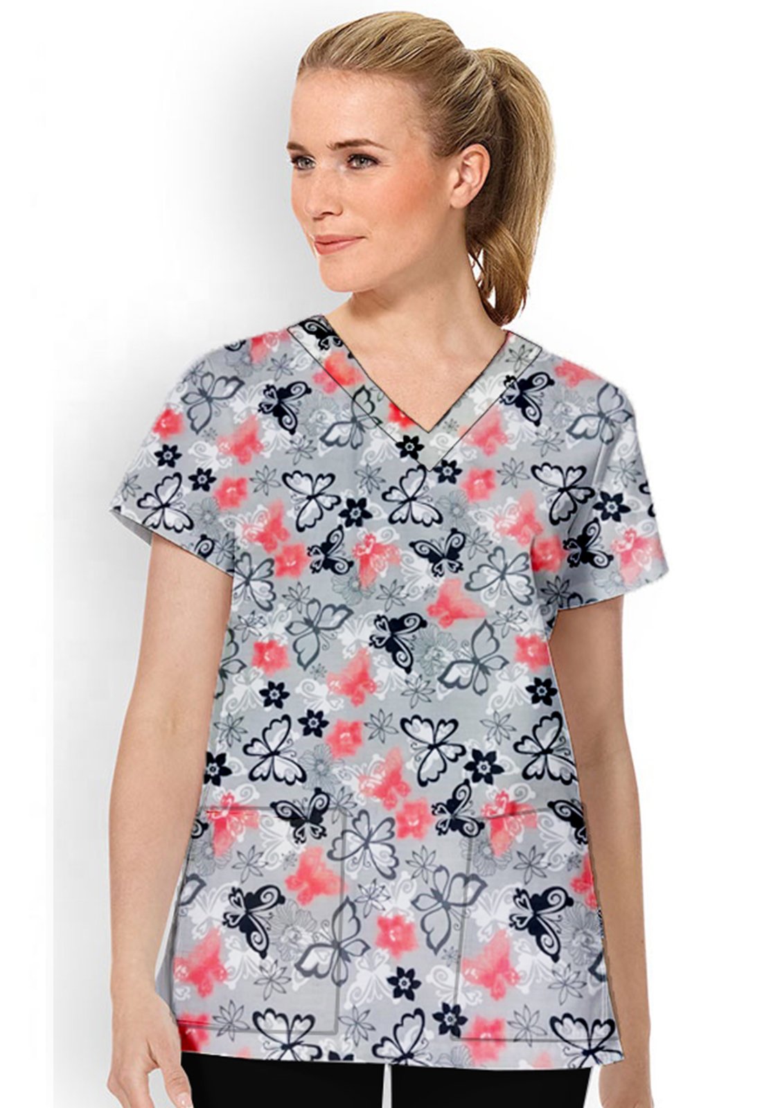 Butterfly Print Top V Neck 2 Pocket Half Sleeve