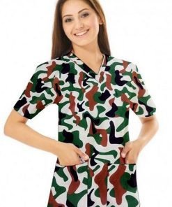 Camouflage Printed Top V Neck 2 Pocket Half Sleeve