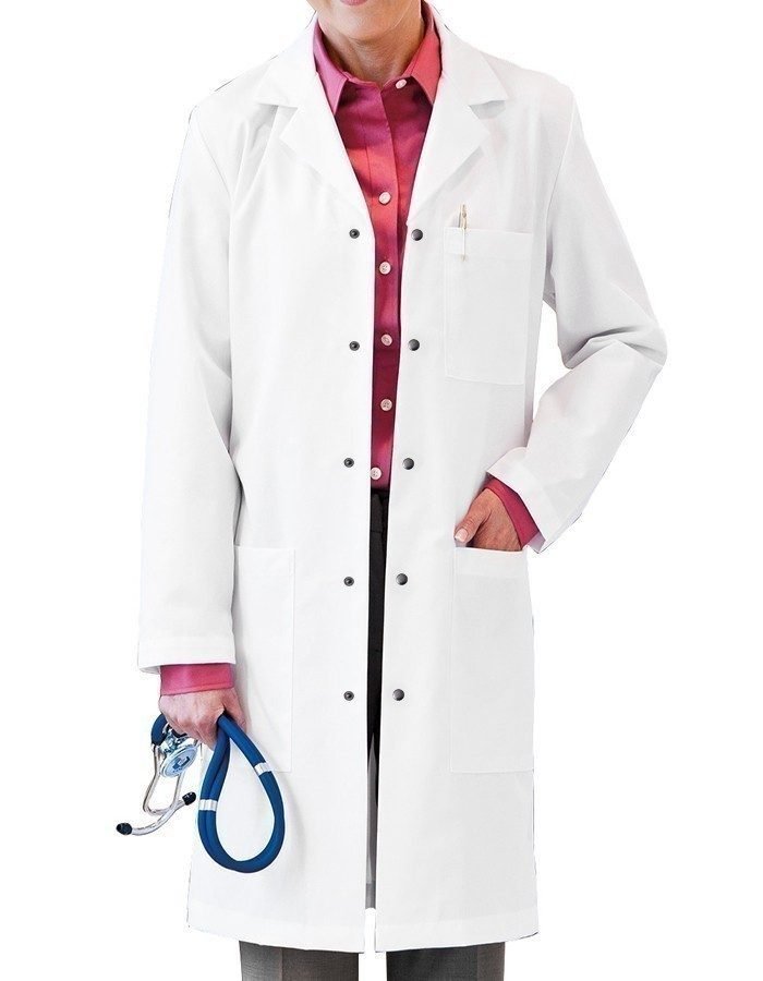Poplin labcoat unisex full sleeve with snap buttons 3 pockets solid pleated (48 perc cotton 52 perc polyester) available in 36 38 40 42 inch lengths