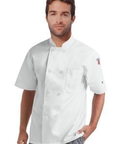 Poplin Men's Short Sleeve Chef Coat With 1 Chest pocket and 1 Sleeve Pocket - Button Front Closure(48 perc cotton 52 perc polyester Light Weight Poplin)