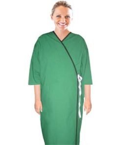 New Patient gown front open solid 3/4 sleeve with contrast piping tie able, Sizes XS-9X