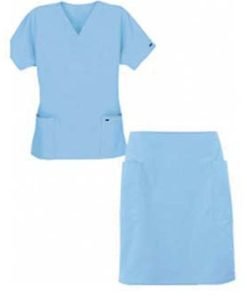 Stretchable Scrub skirt set 4 pocket ladies half sleeves (2 pocket top 2 pocket skirt) in 35% Cotton 63% Polyester 2% Spandex