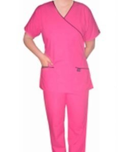 Stretchable Scrub Set Mock Wrap 5 pocket solid half sleeve (top 3 pocket with bottom 2 pocket boot cut) in 35% Cotton 63% Polyester 2% Spandex