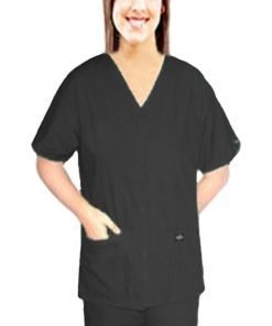 Stretchable Scrub set 4 pocket solid ladies front open v-neck with snap buttons half sleeve (2 pocket top 2 pocket boot cut pant) in 35% Cotton 63% Polyester 2% Spandex