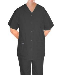 Stretchable Scrub set 6 pocket v neck ladies half sleeves (top 4 pkt with horn buttons (pocket over pocket style) with pencil pkt pant 2 pkt boot cut) in 35% Cotton 63% Polyester 2% Spandex