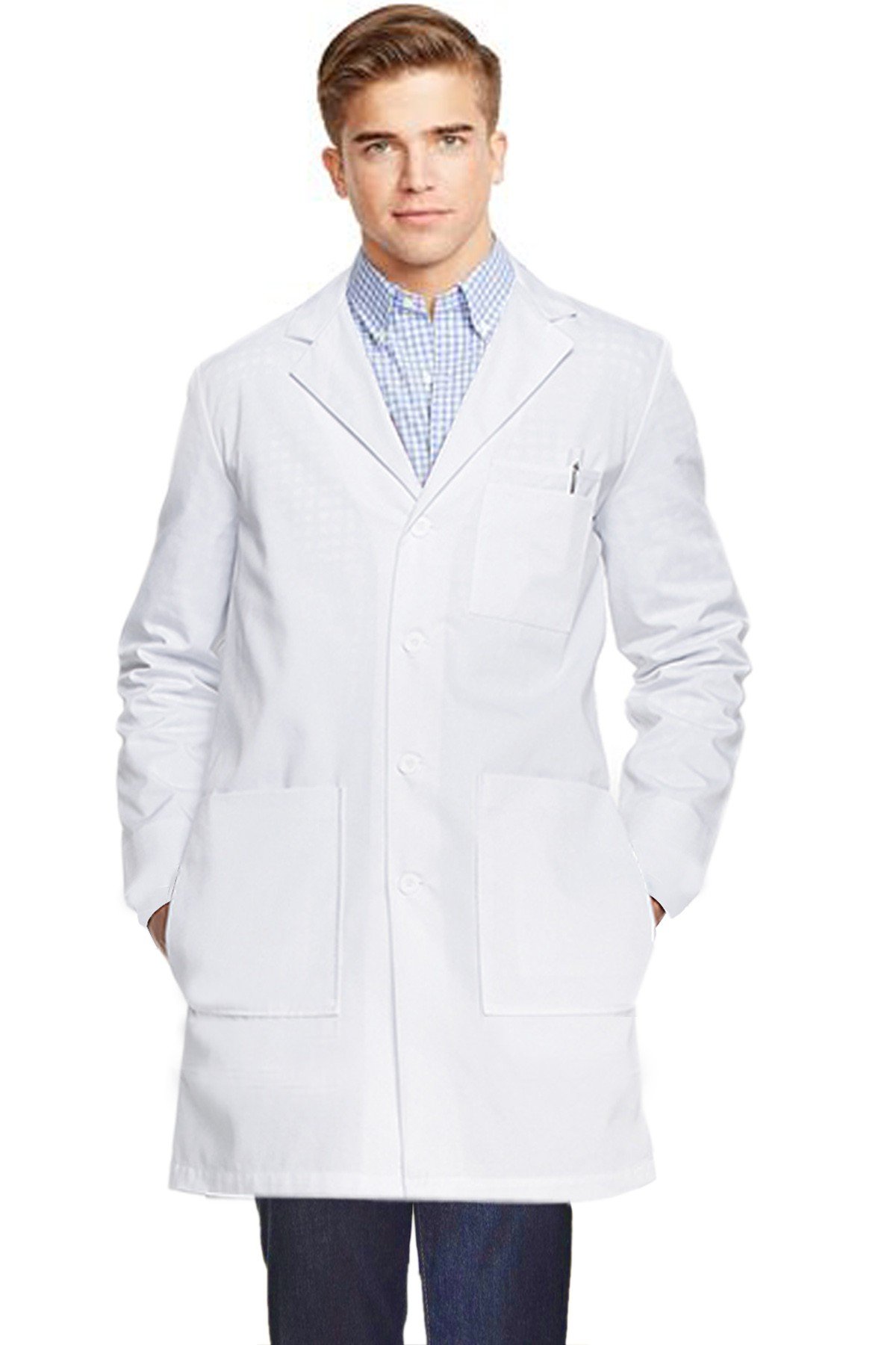 Poplin labcoat unisex full sleeve with plastic buttons 3 front pockets with side inside pockets(access to pockets from side) (48 perc cotton 52 perc polyester) in 36 38 40 42 lengths