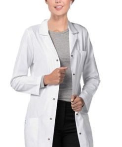Poplin labcoat ladies full sleeve with snap buttons 3 pockets solid pleated (48 perc cotton 52 perc polyester) in 36 38 40 42 lengths