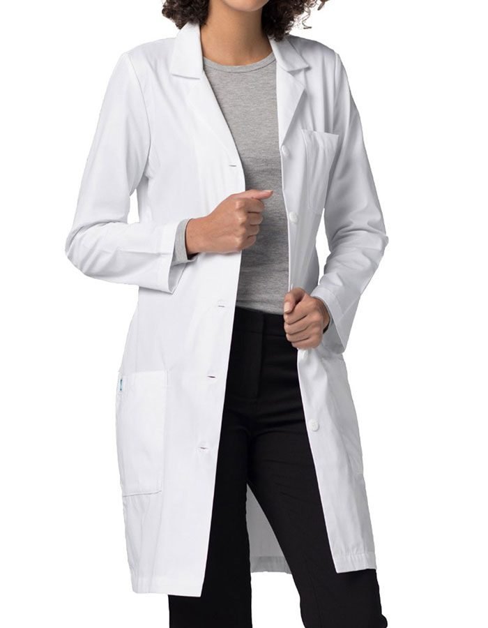 Poplin labcoat ladies full sleeve with plastic buttons 3 pockets solid pleated (48 perc cotton 52 perc polyester) in 36 38 40 42 lengths