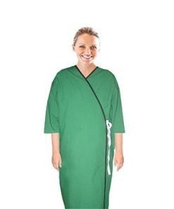 New Patient gown front open solid 3/4 sleeve with matching piping tie able, Sizes XS-9X