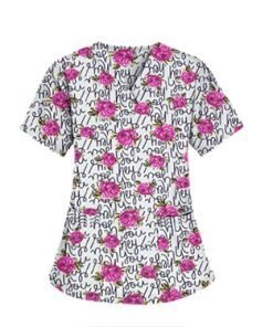 Printed scrub set 4 pocket ladies half sleeve Hey You Print (2 pocket top and 2 pocket black pant)