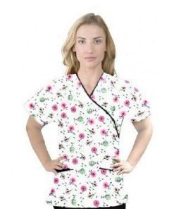 Printed scrub set mock wrap 5 pocket half sleeve in Cherry Blossom Print With Black Piping (top 3 pocket with bottom 2 pocket boot cut)