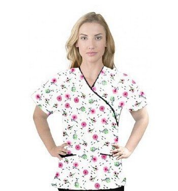 Printed scrub set mock wrap 5 pocket half sleeve in Cherry Blossom Print With Black Piping (top 3 pocket with bottom 2 pocket boot cut)