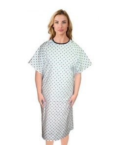 Patient gown half sleeve back open, Green Square Print, Sizes XS-9X