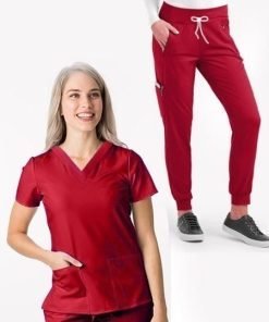 Ladies Jogger Scrub Set 9 Pockets Half Sleeves, Top 3 Pockets (1 Chest Pocket and 2 Lower Pockets) and Jogger Pant 6 Pockets (2 Side Pockets, 2 Back Pockets, 2 Cargo Pockets) with Half Elastic Waistband and Matching Drawstring Both