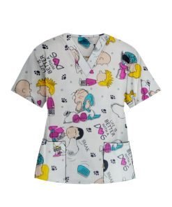 Dog Print Top V Neck 2 Pocket Half Sleeves