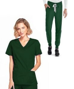 Microfiber Ladies Jogger Scrub Set 4 Pockets Half Sleeves, Top 2 Lower Pockets and Jogger Pant 2 Side Pockets with Full Elastic Waistband and Drawstring (Twill White)