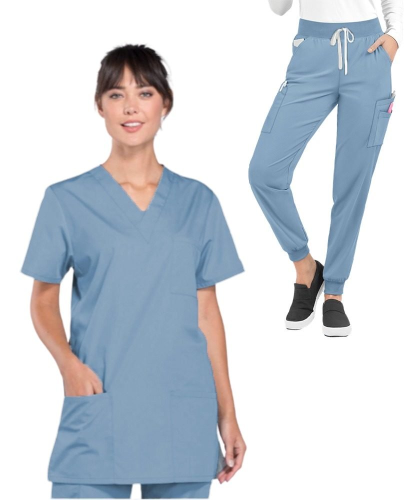 Microfiber Ladies Jogger Scrub Set 6 Pockets Half Sleeves, Top 3 Pockets and Jogger Pant 3 Pockets with Half Elastic Waistband and Drawstring (Matching)