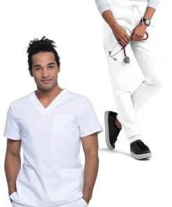Unisex Jogger Scrub Set 6 Pockets Half Sleeves, Top 3 Pockets (1 Chest Pocket and 2 Lower Pockets) and Jogger Pant 3 Pockets (2 Side Pockets, 1 Back Pocket) with Full Elastic Waistband and Drawstring (Twill White)