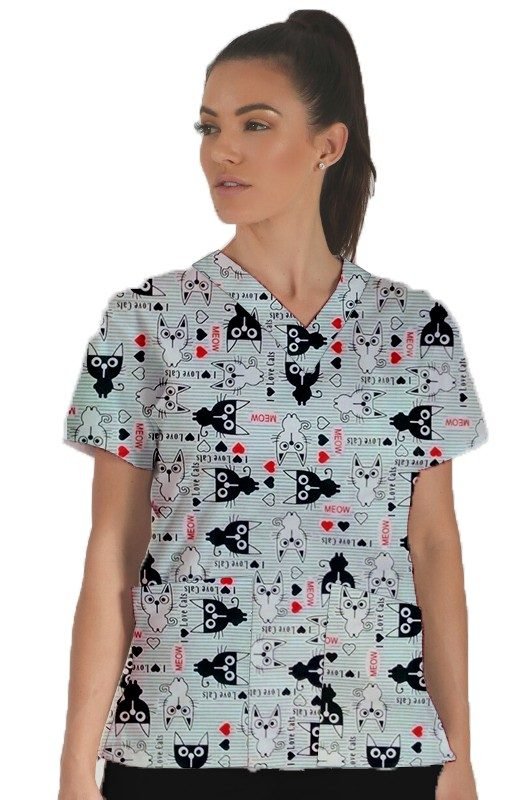 Cat Print Top V Neck 2 Pocket Half Sleeves