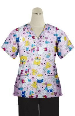 Hello Kitty Printed Set 4 Pocket Ladies Half Sleeve (2 Pocket Top and 2 Pocket Black Pant)