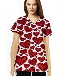 Red hearts Print Scrub Set 4 Pockets Ladies Half Sleeves (2 Pockets Top and 2 Pockets Black Pant)