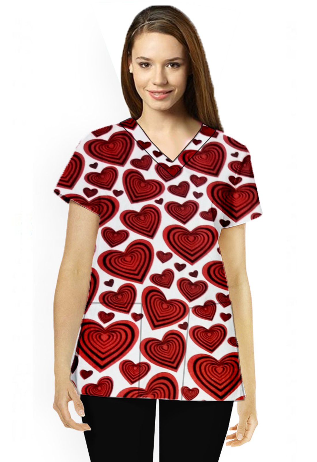 Red hearts Print Scrub Set 4 Pockets Ladies Half Sleeves (2 Pockets Top and 2 Pockets Black Pant)