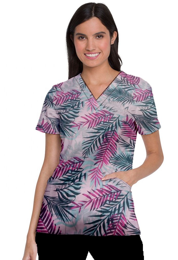 Pink leaves Print Top V Neck 2 Pocket Half Sleeve
