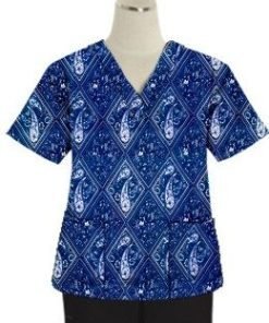 Printed scrub set 4 pocket ladies half sleeve Blue with Blue Classical Print (2 pocket top and 2 pocket black pant)