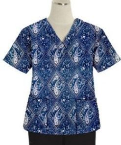 Printed scrub set 4 pocket ladies half sleeve Blue with Pink Classical Print (2 pocket top and 2 pocket black pant)
