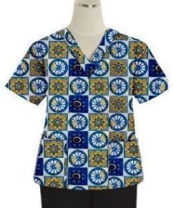 Printed scrub set 4 pocket ladies half sleeve Blue Wheel Print (2 pocket top and 2 pocket black pant)