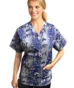 Printed scrub set 4 pocket ladies half sleeve Blue And White Flower Print (2 pocket top and 2 pocket black pant)