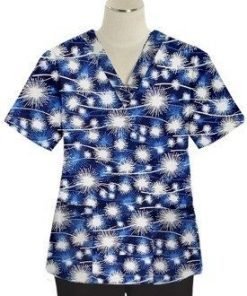 Printed scrub set 4 pocket ladies half sleeve Blue Fire Work Print (2 pocket top and 2 pocket black pant)