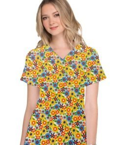 Blooming Flowers Print Top V Neck 2 Pocket Half Sleeve