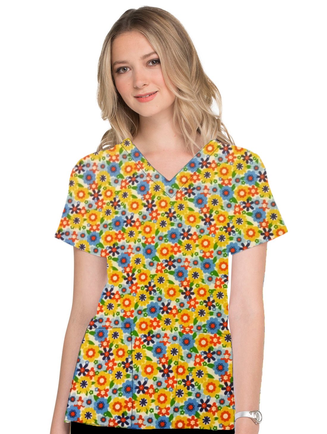 Blooming Flowers Print Top V Neck 2 Pocket Half Sleeve