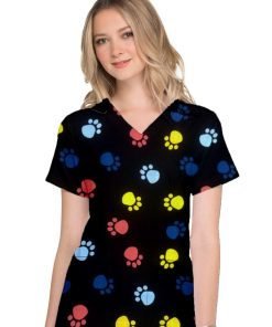 Paw Print Top V Neck 2 Pocket Half Sleeve