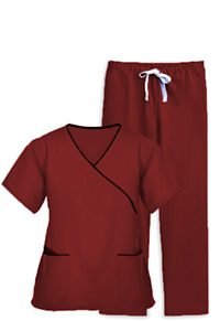 Stretchable scrub set 4 pocket solid ladies half sleeve mockwrap side with snap buttons with welt pocket (2 pocket top 2 pocket boot cut pant) in 35% Cotton 63% Polyester 2% Spandex